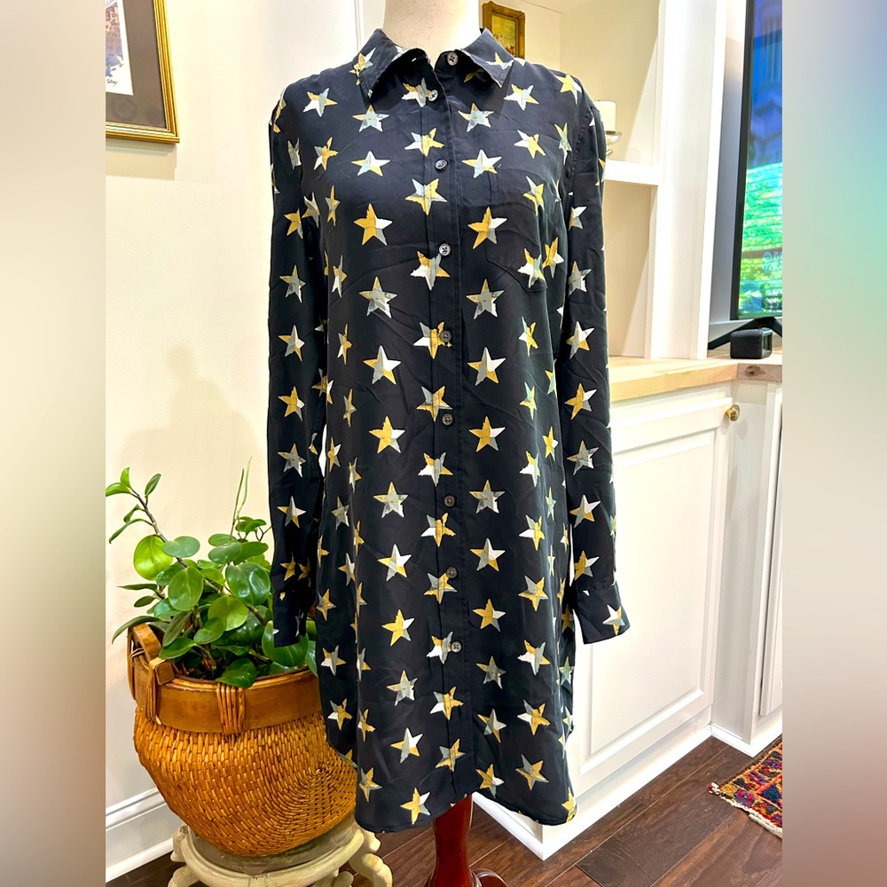 Equipment Brett Star Patterned 100% Silk Black Shirt Dress